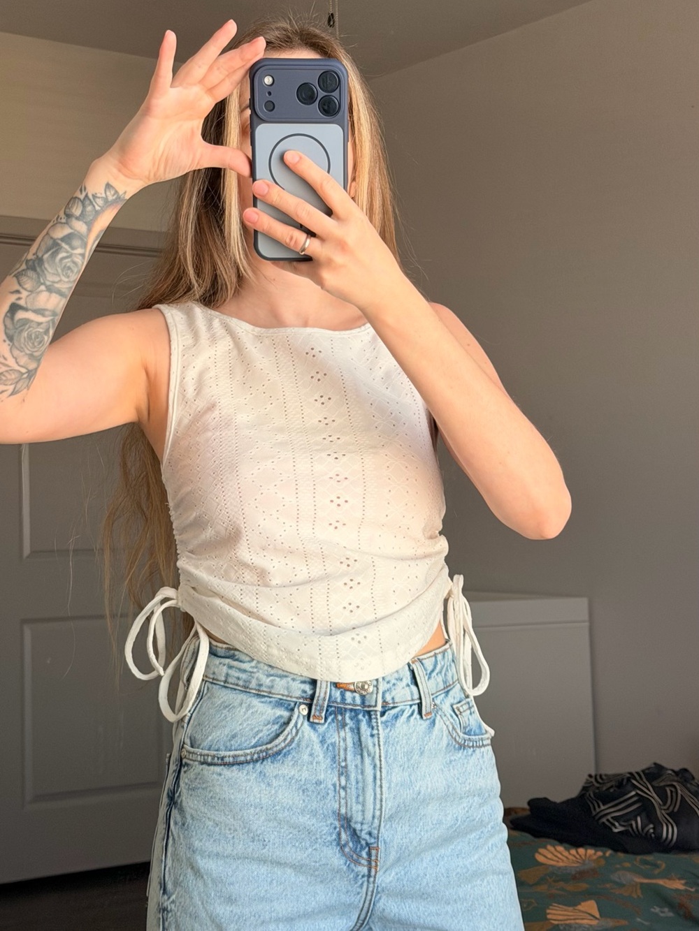Women's Cream Eyelet Tank Top with Side Drawstrings